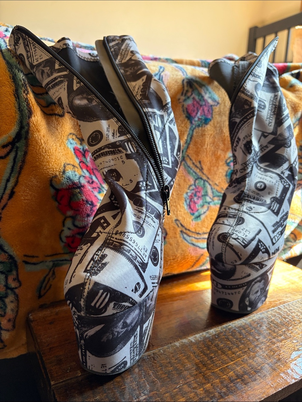 Pleaser Black and White Dollar Print Platform Boots